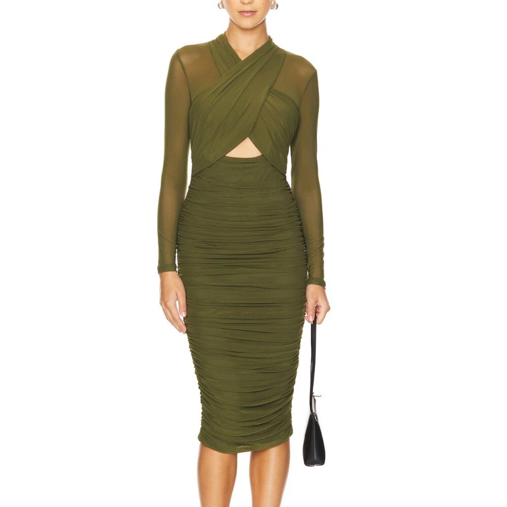 NEW Bardot Aliyah Midi Dress Khaki Army Olive Green Mesh Long Sleeve Cutout 8